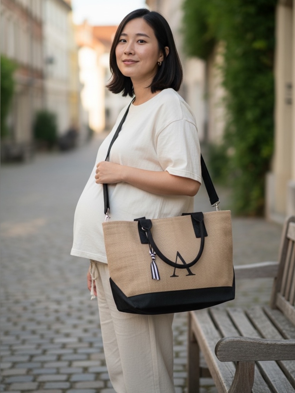 Black and Natural Canvas Monigram “A” Tote Bag and wallet